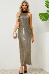 Textured Foil Halter Neck Maxi Dress