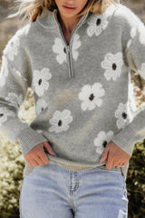 Floral Pattern Half Zip Sweater