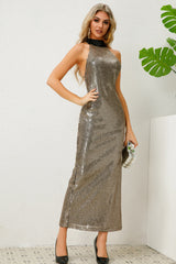 Textured Foil Halter Neck Maxi Dress