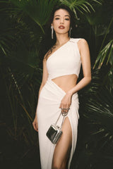 Cut Out Thigh Slit One Shoulder Midi Dress - White