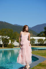 Ruffle V Neck Tiered Tulle Evening Dress