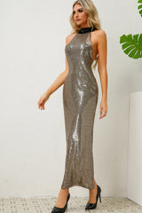 Textured Foil Halter Neck Maxi Dress