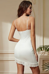 Diagonal-Hem Zipper White Bodycon Dress