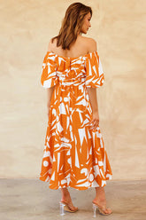 Printed Off Shoulder Balloon Sleeve Dress