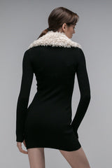 Fluffy Collared Zip Detailed Knit Dress