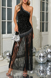 One Shoulder Shiny Sequin Lace Dress