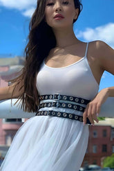 Triple Thin Stripe Adjustable Stylish Leather Waist Corset Belt on Dress