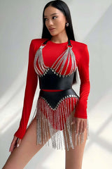 Stylish Leather Skirt and Bustier Set with Chains