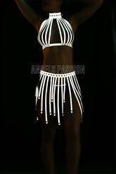 Sexy Tassel Reflective Skirt Bustier Set