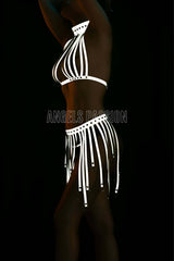 Sexy Tassel Reflective Skirt Bustier Set
