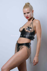 Chain Bustier Skirt Set, Stylish Leather Skirt and Bustier