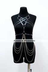 Chain Detailed Leather Chest Harness, Leather Fantasy Clothing, Dress Accessory