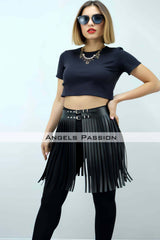 47 cm Stylish Tassel Leather Skirt, Tassel Skirt Over Shorts, Stylish Tassel Mini Skirt