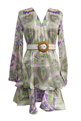 Paisley Print V-Neck Mini Dress With Belt