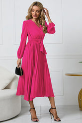 Pleated Belt V-Neck Dress