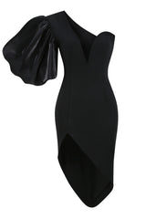 Black Puff Sleeve Asymmetric Midi Dress