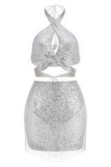 Sequin Cross Halter Neck Tassel Dress Set