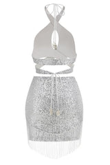Sequin Cross Halter Neck Tassel Dress Set