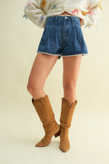 Lace Trim Pleated Denim Shorts