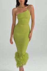 One Shoulder Halter Fur Swing Dress
