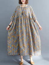women summer loose round neck print short-sleeved plus size mid-length smocked dress
