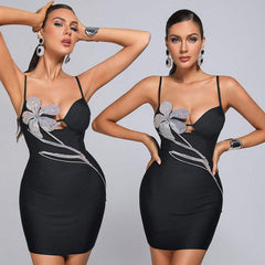 FUSAE Black Mini Dress with Crystal FLowER