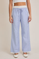 Contrast Waist Long Pants - Blue