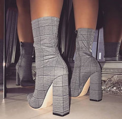 Cotton Fabric Slim Pointed Toe Square Heels Women Ankle Boots