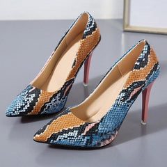 PU Leather Snake Print Pointed Toe Stiletto