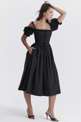 Silvana Black Puff Sleeve Midi Sundress