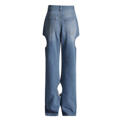 Asymmetric Cut Out Whisker Leg Washed Denim Jeans
