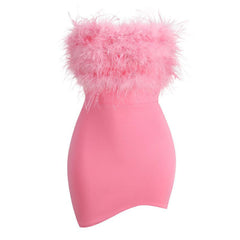 Curved Hem Feather Mini Dress