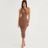 Asymmetric One Shoulder CutOut Ruched Corset Mesh Midi Dress - Brown