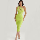 Asymmetric One Shoulder CutOut Ruched Corset Mesh Midi Dress - Lime