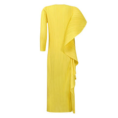 Asymmetrical Ruffled Side Round Neck 3/4 Sleeve Bodycon Pleated Midi Dress