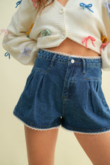 Lace Trim Pleated Denim Shorts