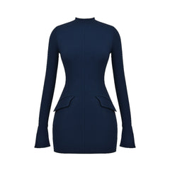 DARK BLUE Mini Dress with Pockets and Long SleeveS