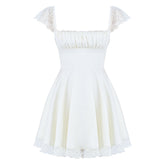 Charming Lace Trim Lace Up Ruched Square Neck Fit and Flare Mini SunDress