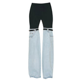 Edgy Stretched Panel Mid Waist Belted Hybrid Flared Jeans