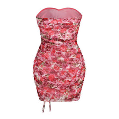 FeMinine Floral Print Rosette Sweetheart Ruffle Trim Ruched Mini Tube Dress