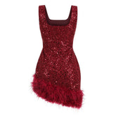 Opulent Feather Trim Faux Pearl Beaded Sequin Square Neck Mini Tank Party Dress