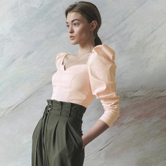Vintage Style Collar Women Puff Sleeve Shirt