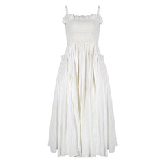 Retro Ruffle Trim Smocked Suspender Strap Fit and Flare Midi Summer SunDress