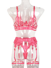 Roses Are Red - Embroidered 3-Pieces Garter Lingerie Set