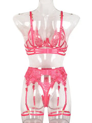 Roses Are Red - Embroidered 3-Pieces Garter Lingerie Set