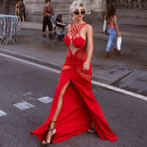Sexy Criss Cross Braided Mesh CutOut Front Slit Maxi Evening Dress - Red