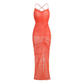 Sexy Crisscross Backless Semi Sheer Mesh Ruched Thigh Split Maxi Evening Dress