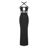 Sexy Crossover Front Chest Pocket CutOut Buckled Strap Split Maxi Evening Dress