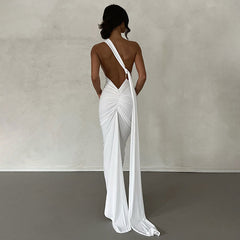 Solid Color One Shoulder Ruched Backless Evening Maxi Dress - Black