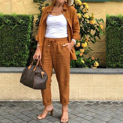 Sophiaâ„?Elegant Cotton Linen Long-Sleeve Blouse and Pants Set